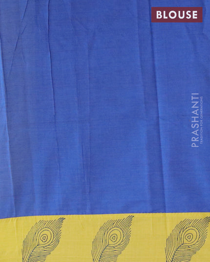 Poly cotton saree mustard yellow and blue with hand block prints and printed border