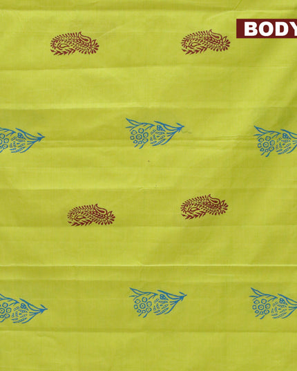 Poly cotton saree light green and blue with hand block prints and printed border
