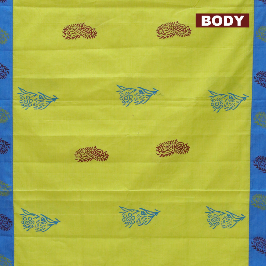 Poly cotton saree light green and blue with hand block prints and printed border