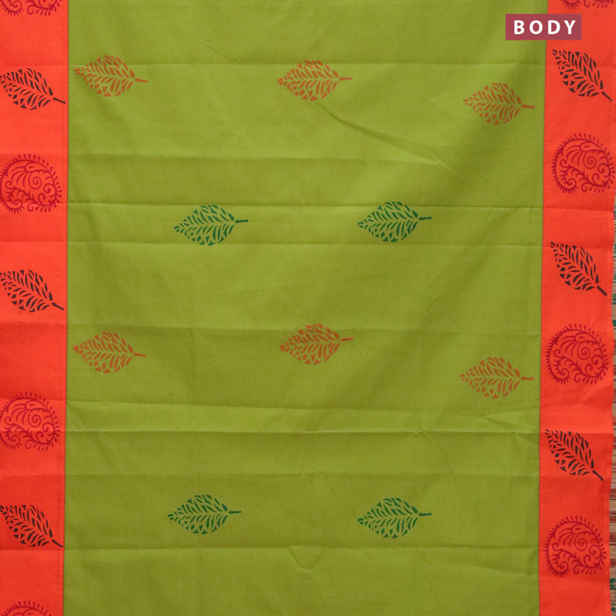 Poly cotton saree mehendi green and orange with hand block prints and printed border