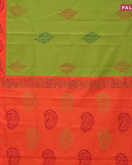 Poly cotton saree mehendi green and orange with hand block prints and printed border