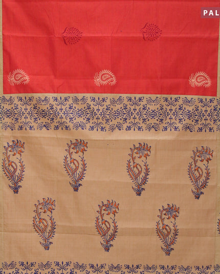 Poly cotton saree maroon shade and sandal with hand block prints and printed border