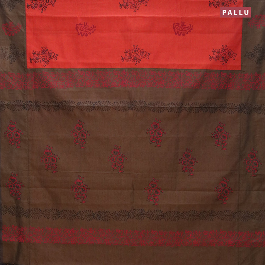 Poly cotton saree dual shade of rustic orange and brown shade with hand block prints and printed border