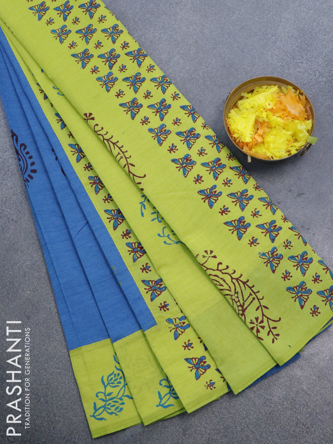 Poly cotton saree blue and light green with hand block prints and printed border