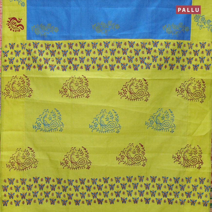 Poly cotton saree blue and light green with hand block prints and printed border