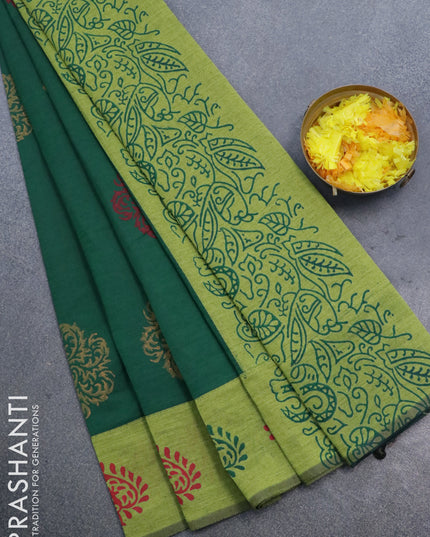 Poly cotton saree dark green and lime green with hand block prints and printed border