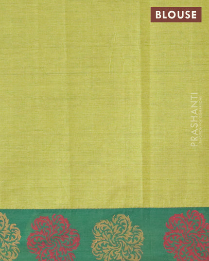Poly cotton saree dark green and lime green with hand block prints and printed border