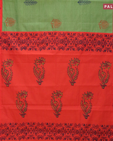 Poly cotton saree green shade and reddish orange with hand block prints and printed border