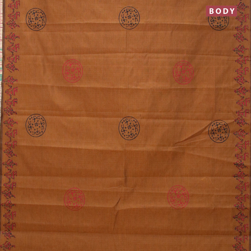 Poly cotton saree honey shade with hand block prints and printed border