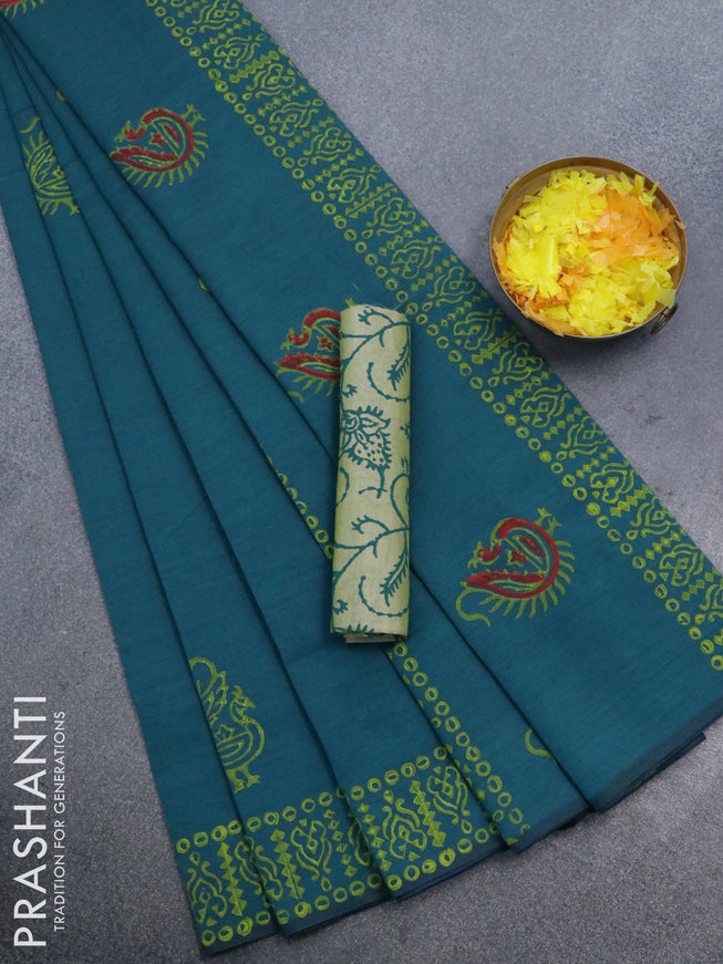 Poly cotton saree peacock green with hand block prints in borderless style