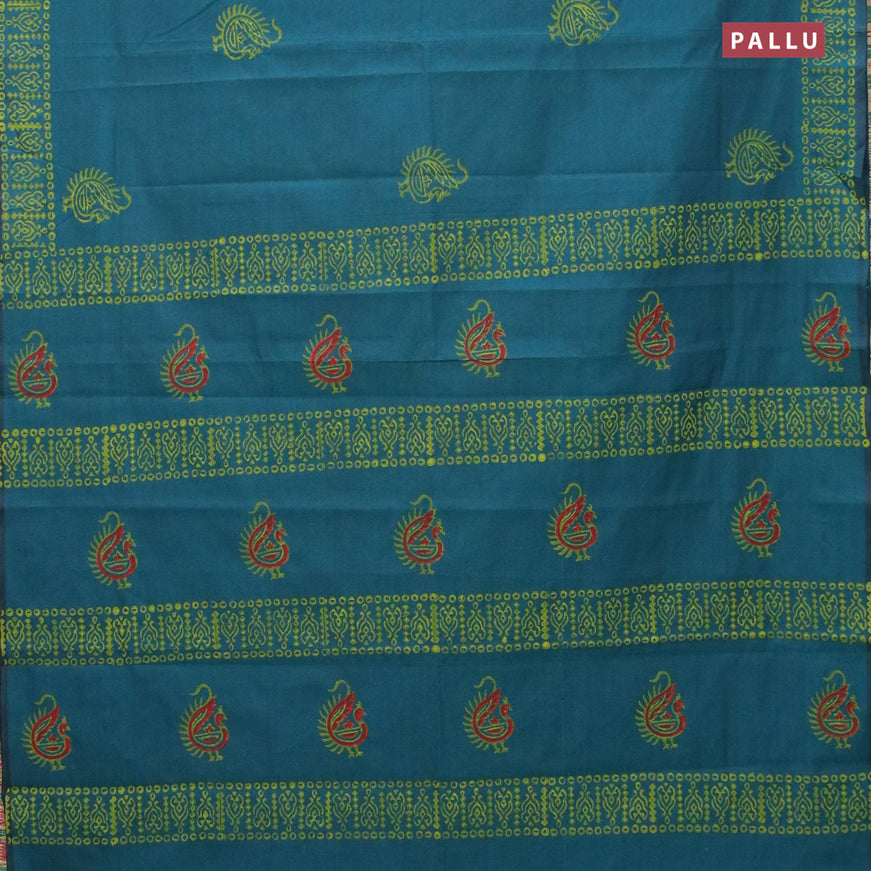 Poly cotton saree peacock green with hand block prints in borderless style