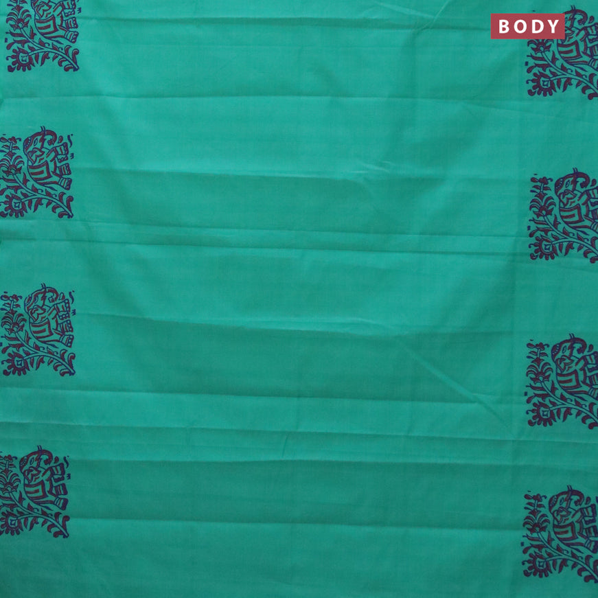 Poly cotton saree teal blue with hand block prints in borderless style