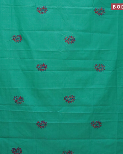 Poly cotton saree teal green with hand block prints in borderless style