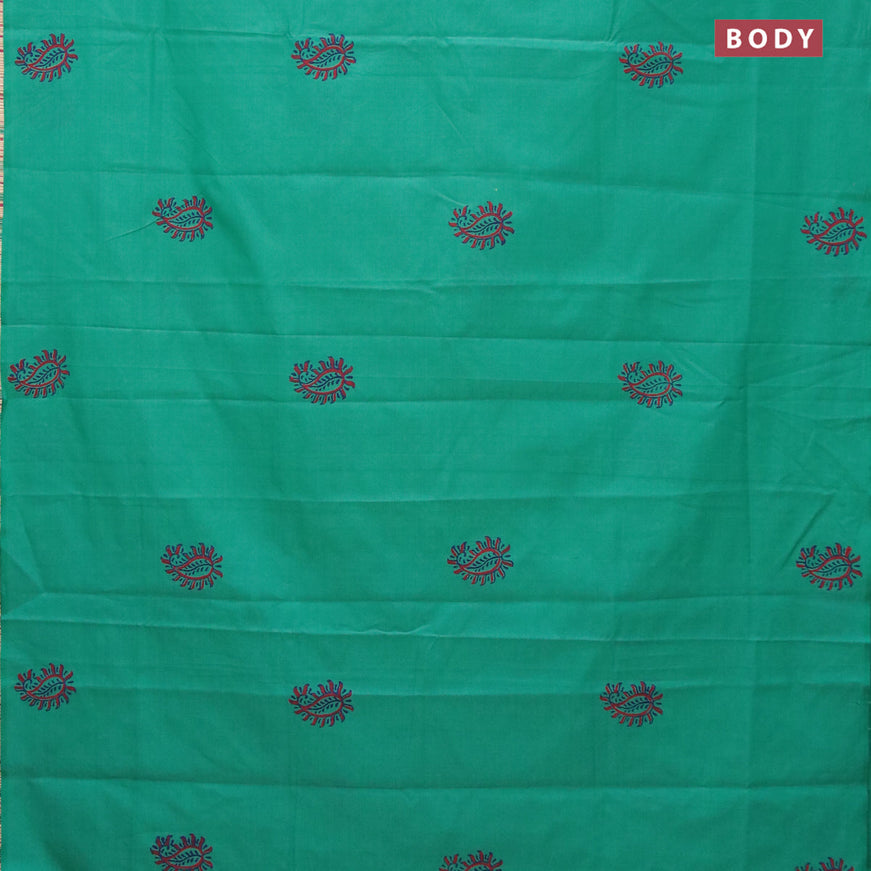 Poly cotton saree teal green with hand block prints in borderless style