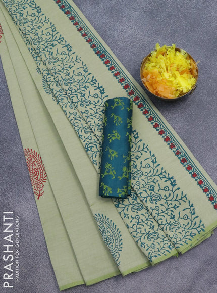 Poly cotton saree pastel green with hand block prints in borderless style