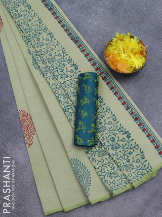 Poly cotton saree pastel green with hand block prints in borderless style