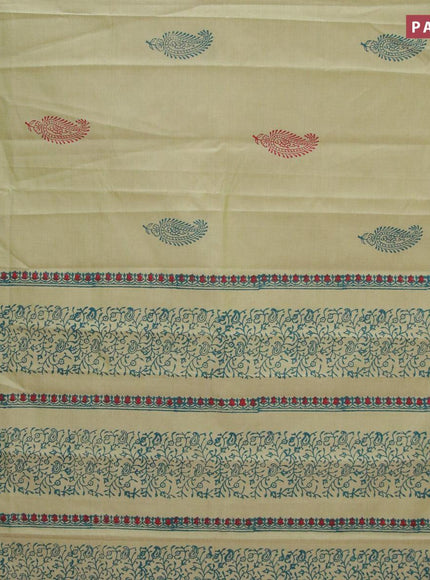 Poly cotton saree pastel green with hand block prints in borderless style