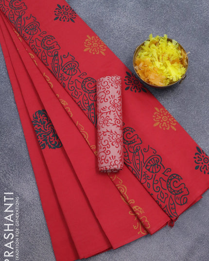 Poly cotton saree red with hand block prints in borderless style