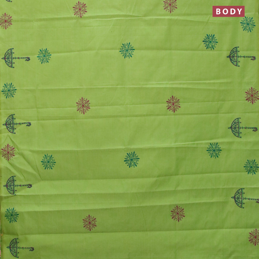 Poly cotton saree green with hand block prints in borderless style