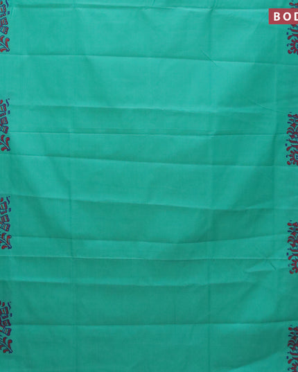 Poly cotton saree teal blue with hand block prints and printed butta border
