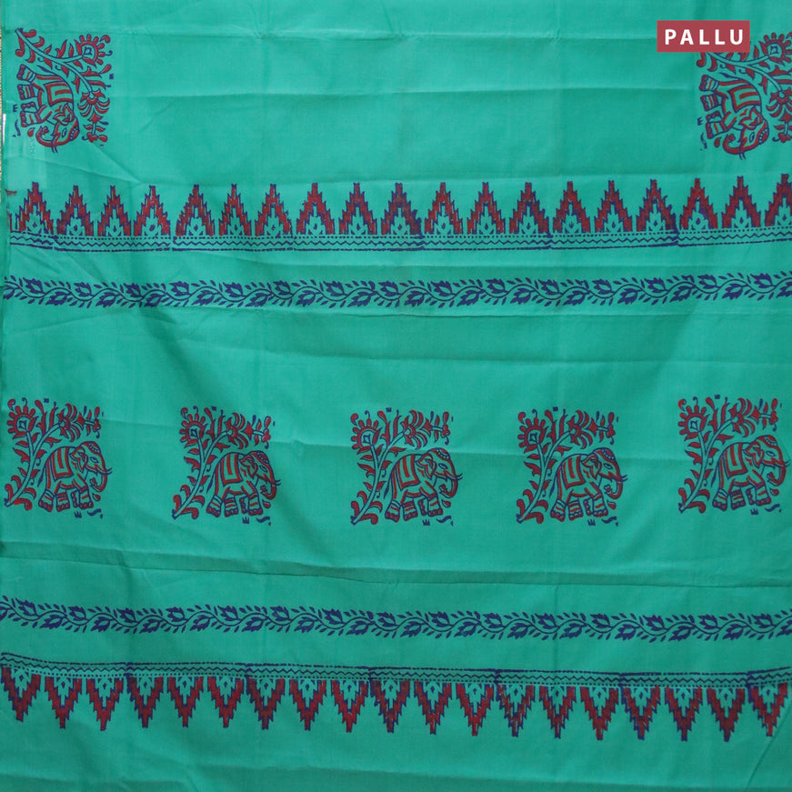 Poly cotton saree teal blue with hand block prints and printed butta border