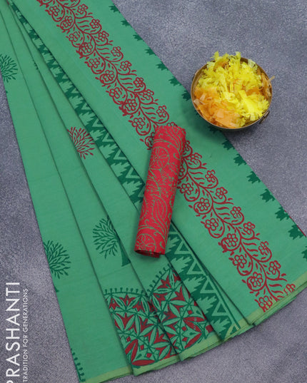 Poly cotton saree dual shade of green with hand block prints and printed butta border