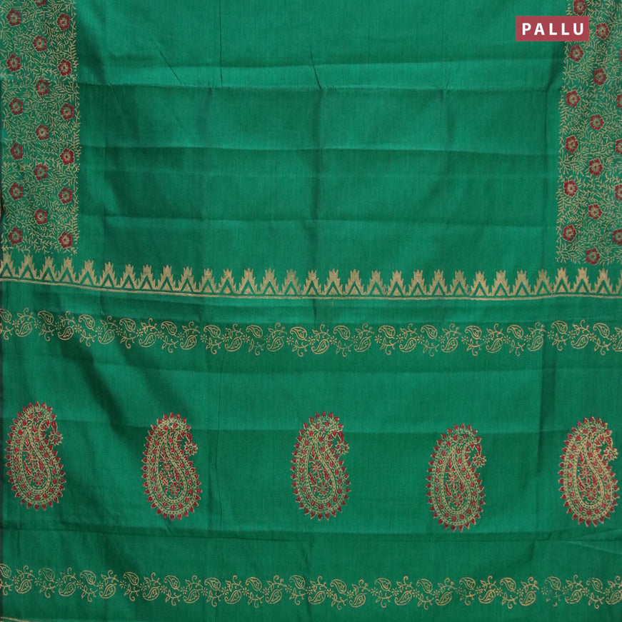 Poly cotton saree green with hand block prints and printed border