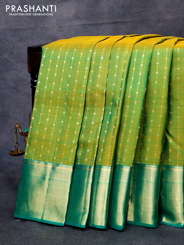 Pure kanjivaram silk saree dual shade of yellowish green and green with allover zari woven 1000 butta weaves and zari woven border