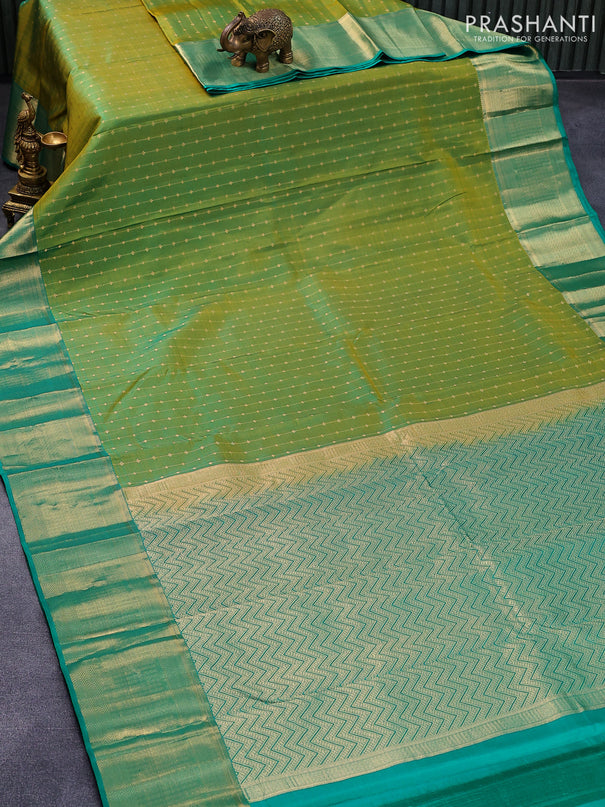 Pure kanjivaram silk saree dual shade of yellowish green and green with allover zari woven 1000 butta weaves and zari woven border