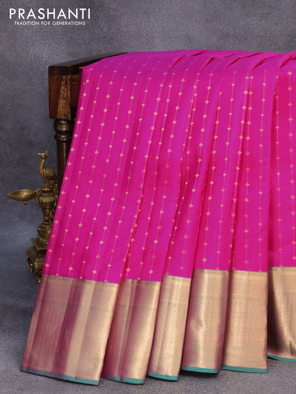 Pure kanjivaram silk saree pink and green with allover zari woven 1000 butta weaves and zari woven border