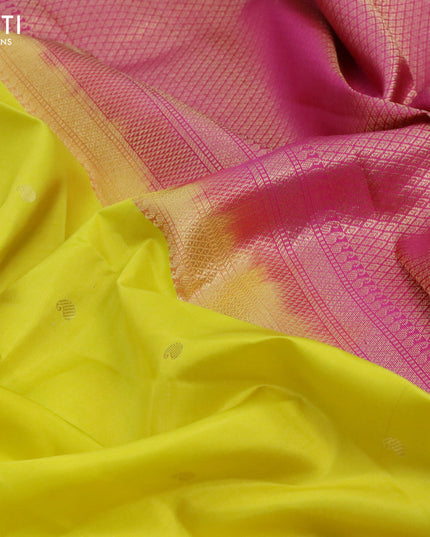 Pure kanjivaram silk saree lime yellow and pink with paisley zari woven buttas and zari woven korvai border