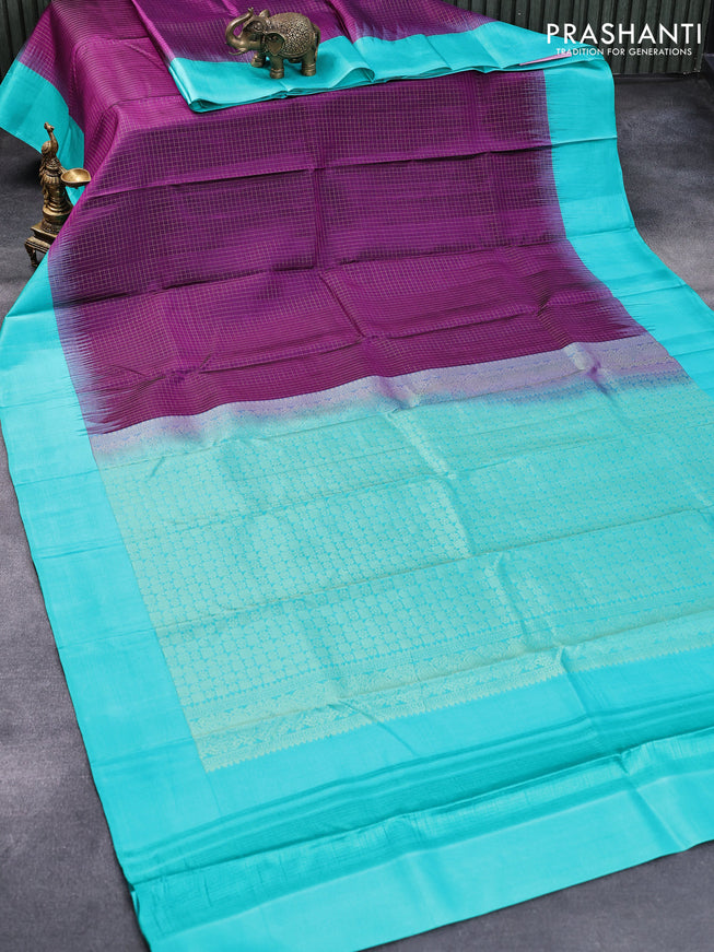 Pure soft silk saree deep purple and teal blue with allover small zari checked pattern and simple border