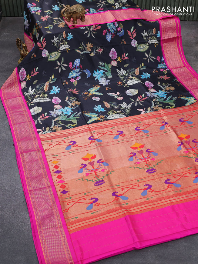 Pure kanjivaram silk saree black and pink with allover floral digital prints and zari woven border