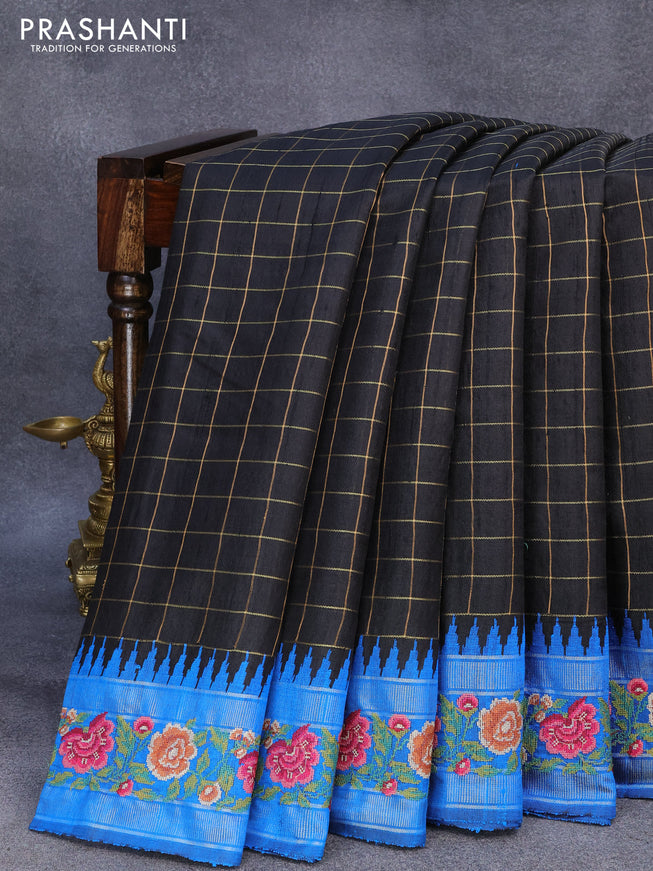 Pure tussar silk saree black and cs blue with allover zari checked pattern and floral design embroidery work border