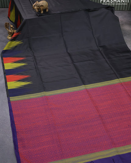 Pure soft silk saree black and blue with plain body and temple woven border