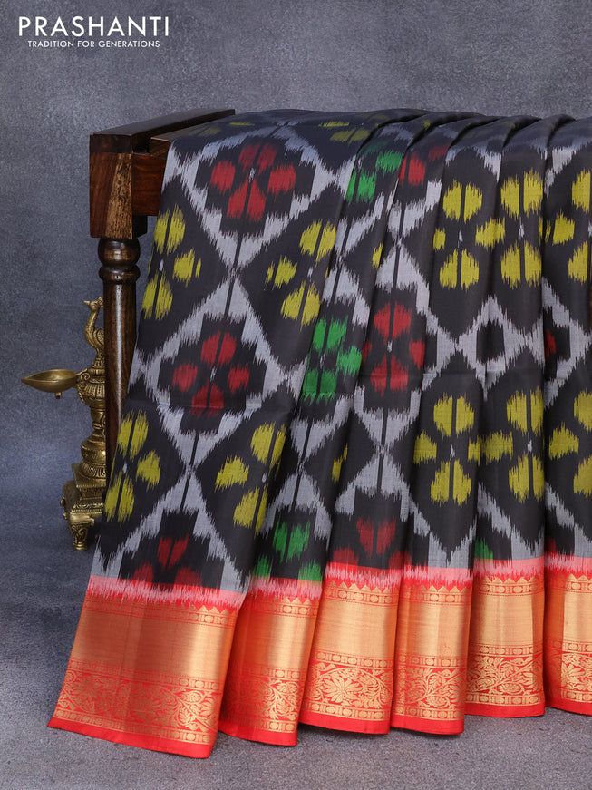Ikat soft silk saree black and red with allover ikat weaves and zari woven border