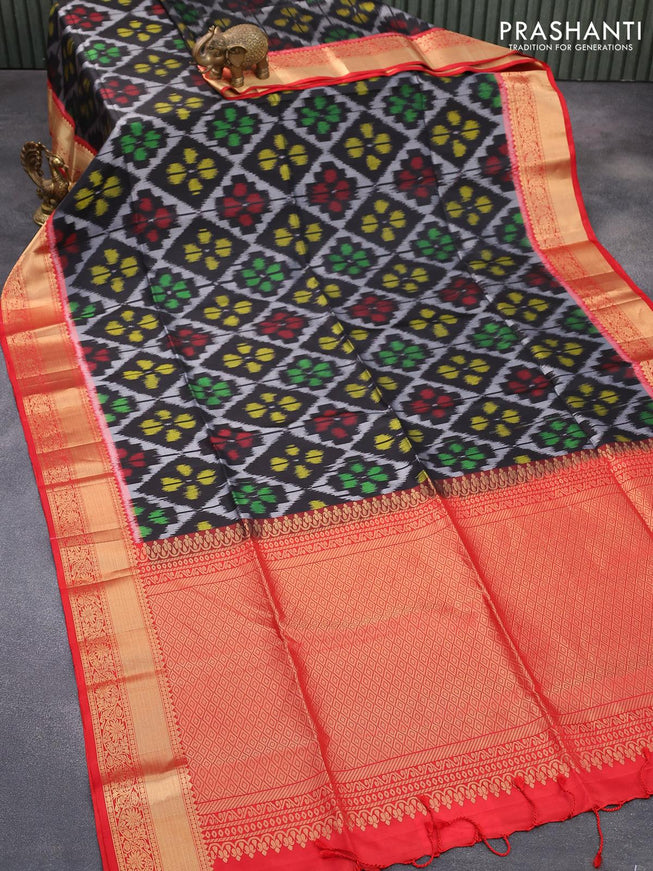 Ikat soft silk saree black and red with allover ikat weaves and zari woven border