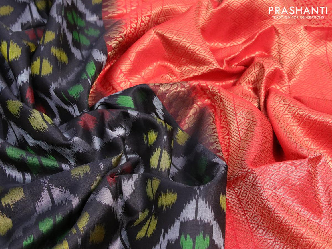 Ikat soft silk saree black and red with allover ikat weaves and zari woven border