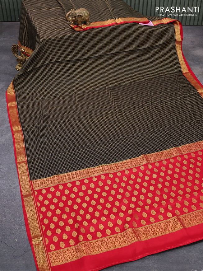 Pure mysore silk saree black and red with allover zari checked pattern and zari woven border