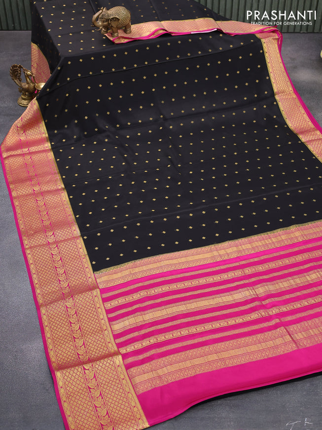 Pure mysore silk saree black and pink with allover zari woven buttas and long zari woven border