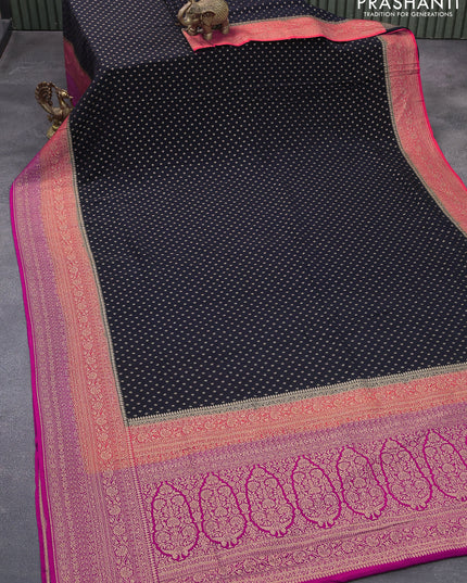 Pure banarasi crepe silk saree black and orange pink with allover thread & zari woven butta weaves and long woven border