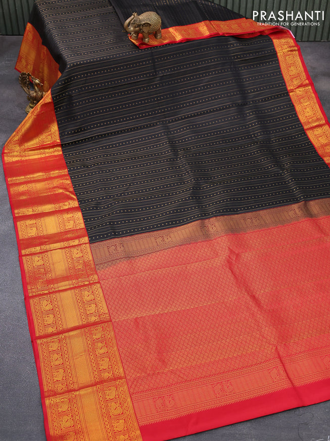 Pure kanjivaram silk saree black and red with allover zari weaves and long zari woven border
