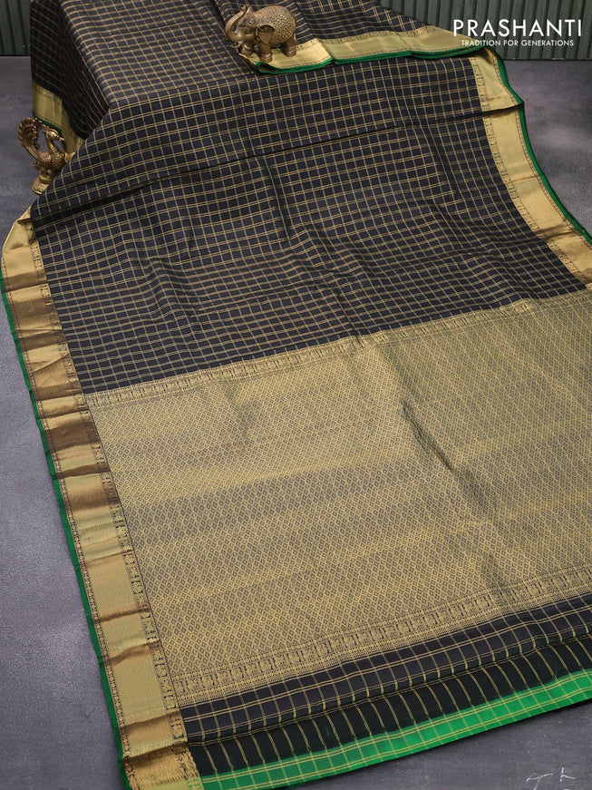 Pure kanjivaram silk saree black and green with allover zari checked pattern and zari woven border