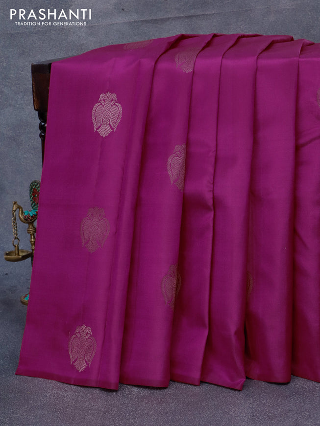 Pure kanjivaram silk saree magenta pink and teal blue with zari woven buttas in borderless style