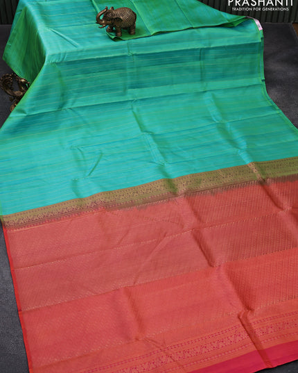 Pure kanjivaram silk saree dual shade of teal green and dual shade of pinkish orange with allover thread & zari weaves in borderless style