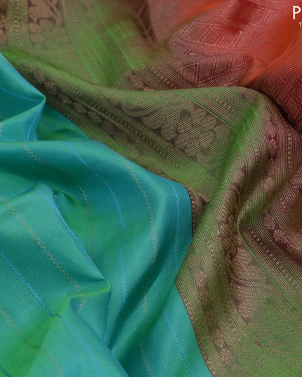 Pure kanjivaram silk saree dual shade of teal green and dual shade of pinkish orange with allover thread & zari weaves in borderless style