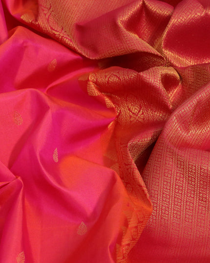 Pure kanjivaram silk saree dual shade of pinkish yellow and pink with zari woven buttas and annam zari woven border