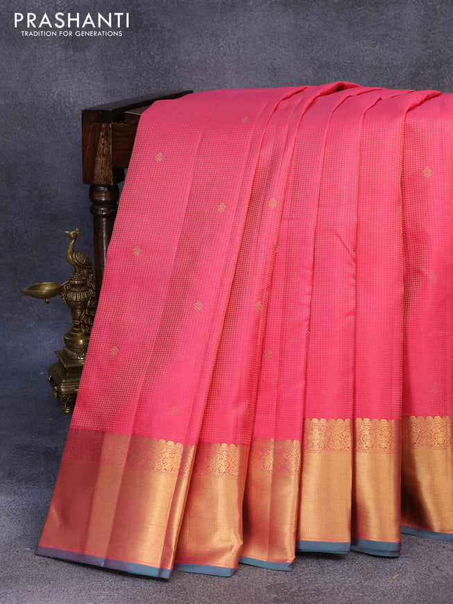 Pure kanjivaram silk saree pink and teal green with allover small zari checked pattern and zari woven border