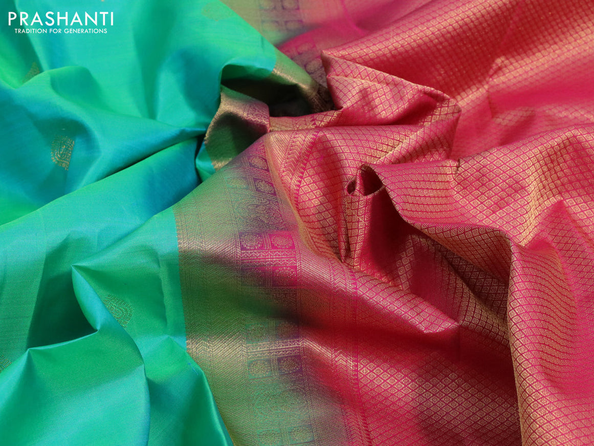 Pure kanjivaram silk saree dual shade of teal green and pink with zari woven buttas and zari woven border