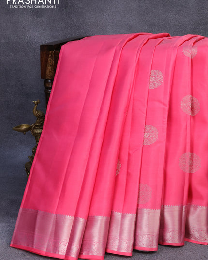 Pure kanjivaram silk saree pink and grey shade with silver zari woven buttas and zari woven border